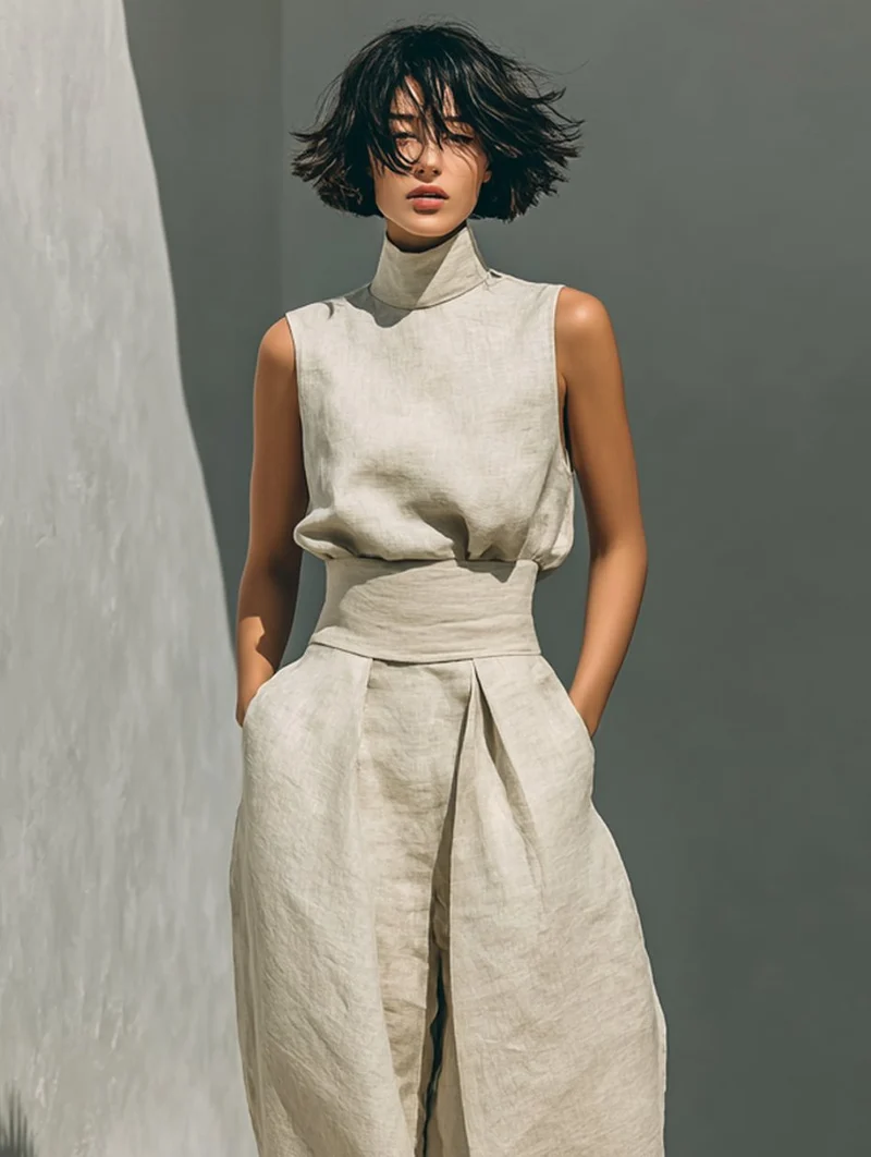 Mia | Damen Leinen Rollkragen Top mit weiter Hose Set