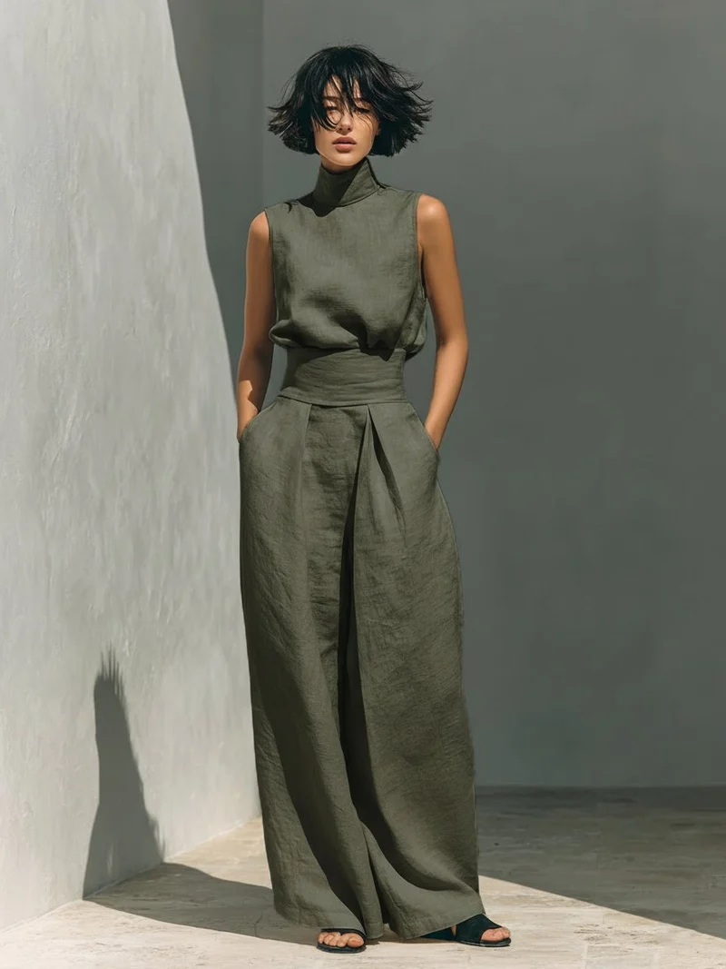 Mia | Damen Leinen Rollkragen Top mit weiter Hose Set