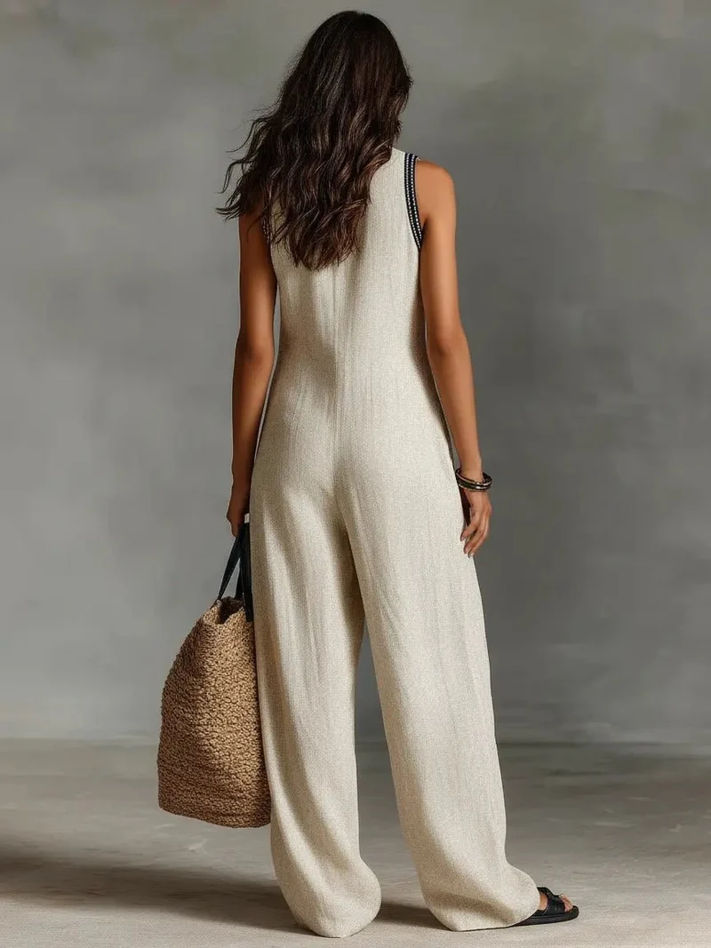 Sophie | Damen Leinen Ärmellos Stickerei Jumpsuit