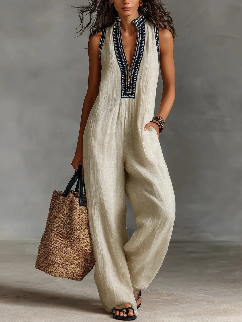 Sophie | Damen Leinen Ärmellos Stickerei Jumpsuit