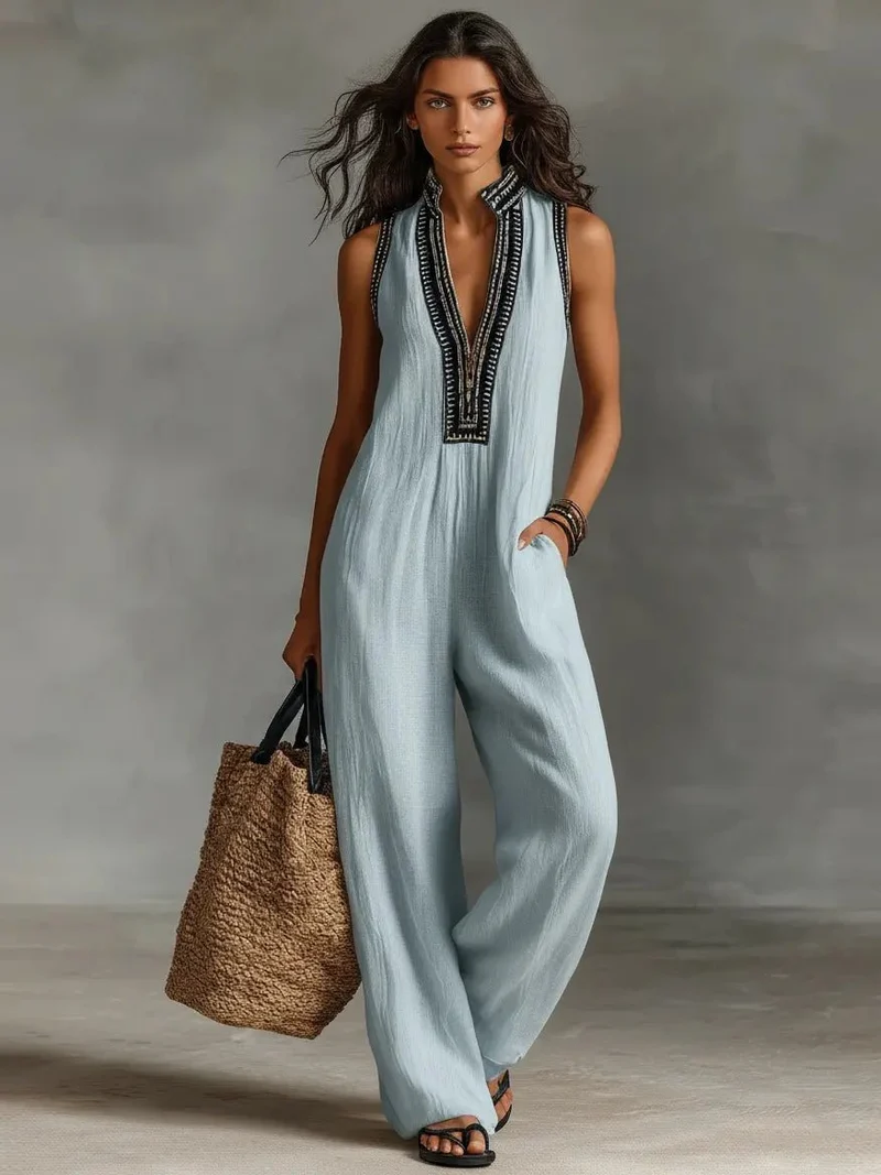 Sophie | Damen Leinen Ärmellos Stickerei Jumpsuit