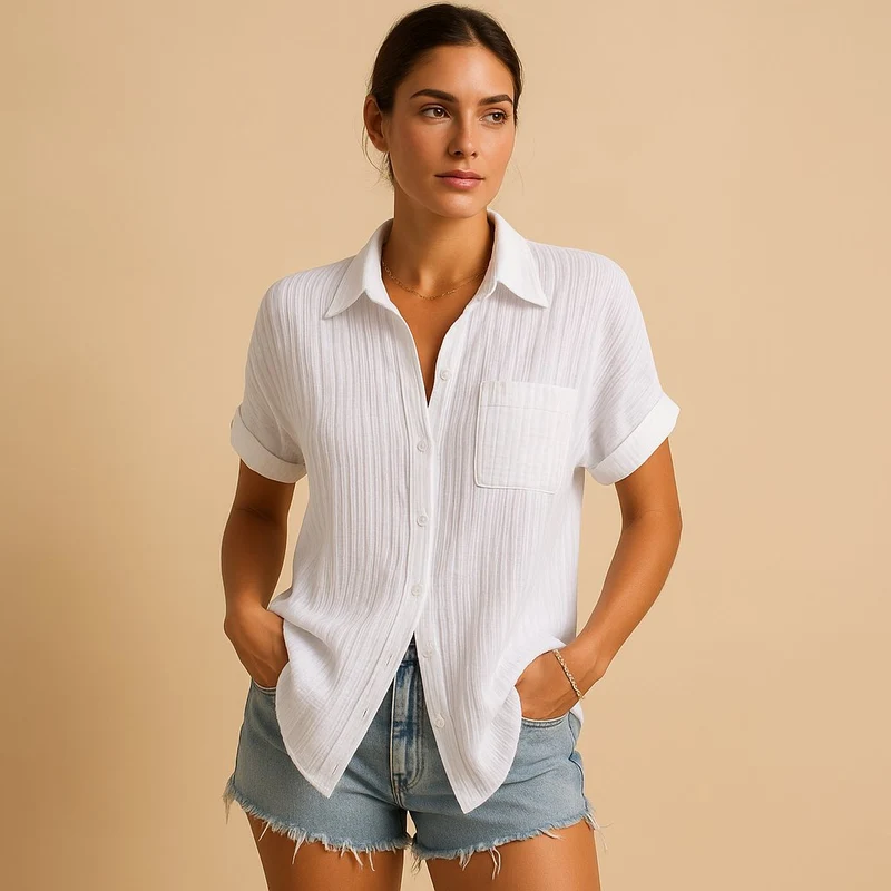 Charlotte | Damen Linen-Look Kurzarm Hemdbluse mit Brusttasche