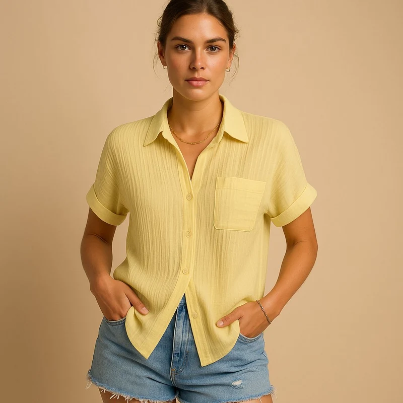 Charlotte | Damen Linen-Look Kurzarm Hemdbluse mit Brusttasche