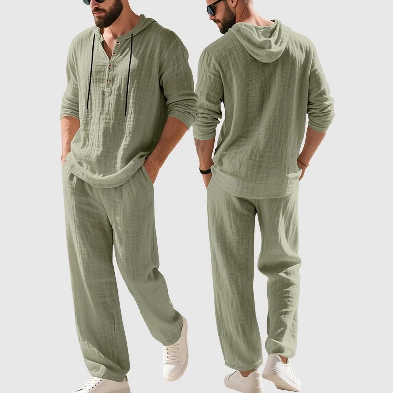 Andreas | Herren Kapuzen-Henley Leinen Set Relaxed-Fit Loungewear