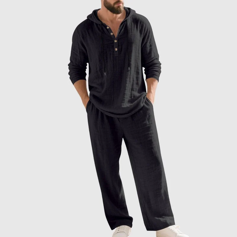 Andreas | Herren Kapuzen-Henley Leinen Set Relaxed-Fit Loungewear