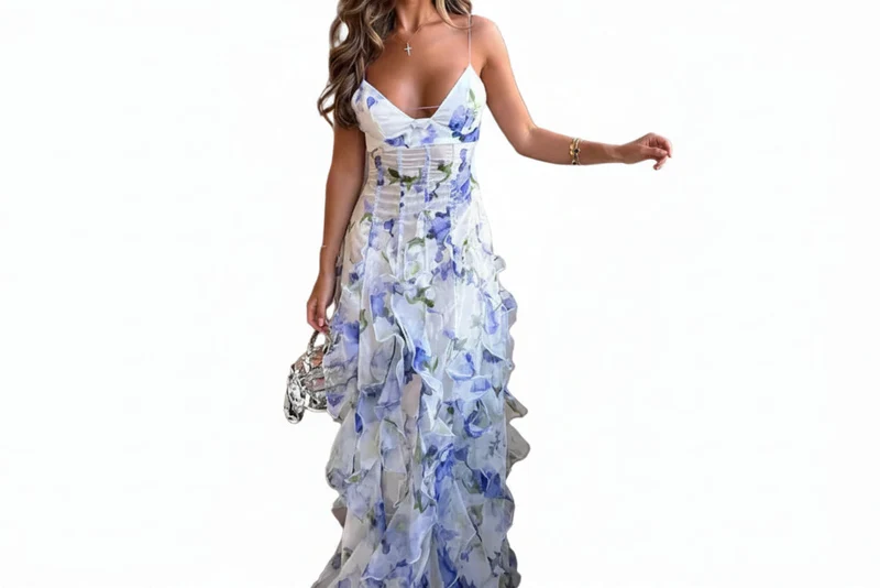 Damen Maxikleid mit schmalen Trägern, Blumenmuster und Rüschenrock