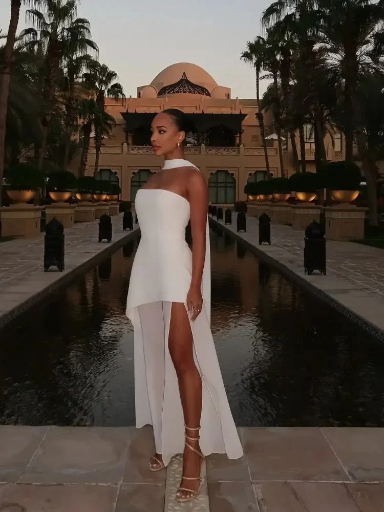 Damen trägerloses Maxikleid mit Halstuch-Element und Schlitzrock