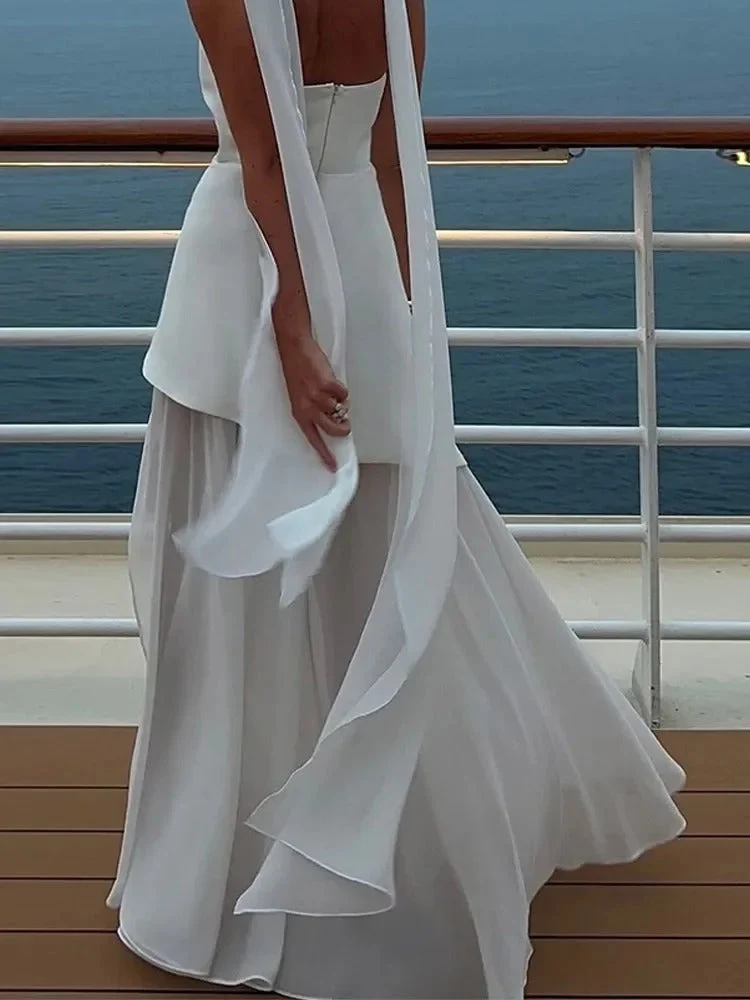Damen trägerloses Maxikleid mit Halstuch-Element und Schlitzrock