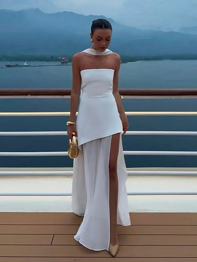 Damen trägerloses Maxikleid mit Halstuch-Element und Schlitzrock