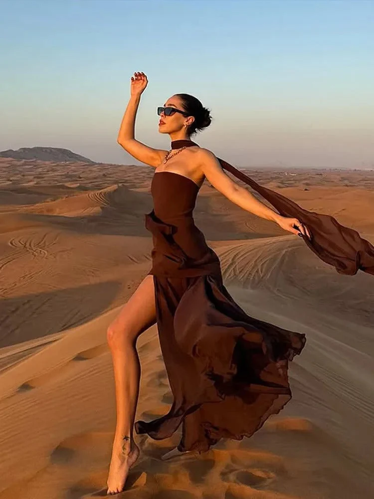 Damen trägerloses Maxikleid mit Halstuch-Element und Schlitzrock