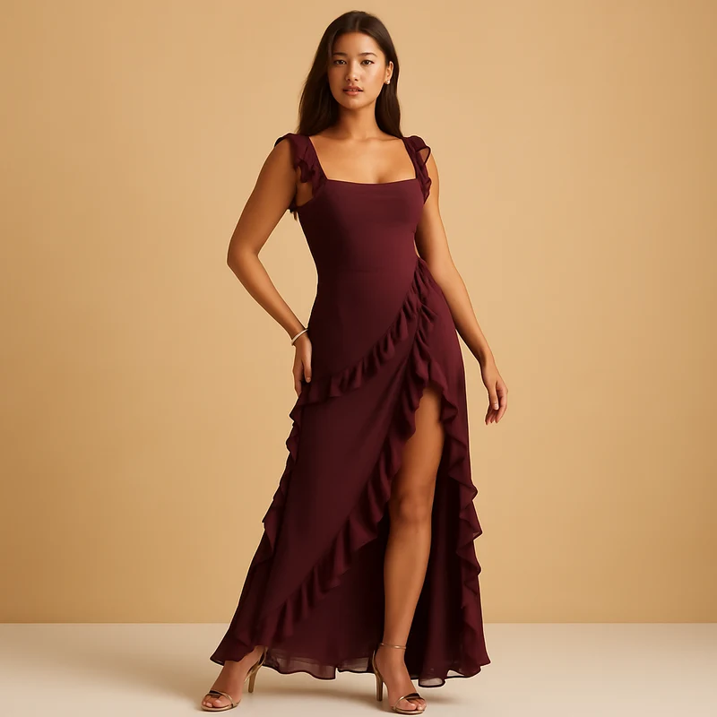 Damen Asymmetrisches Kleid mit Rüschenbesatz und eckigem Ausschnitt