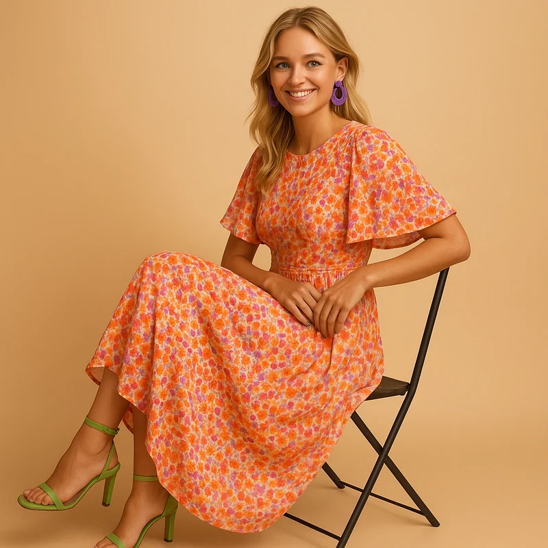 Damen Kleid mit kurzen Ärmeln, V-Ausschnitt und Blumenmuster mit Smokdetail
