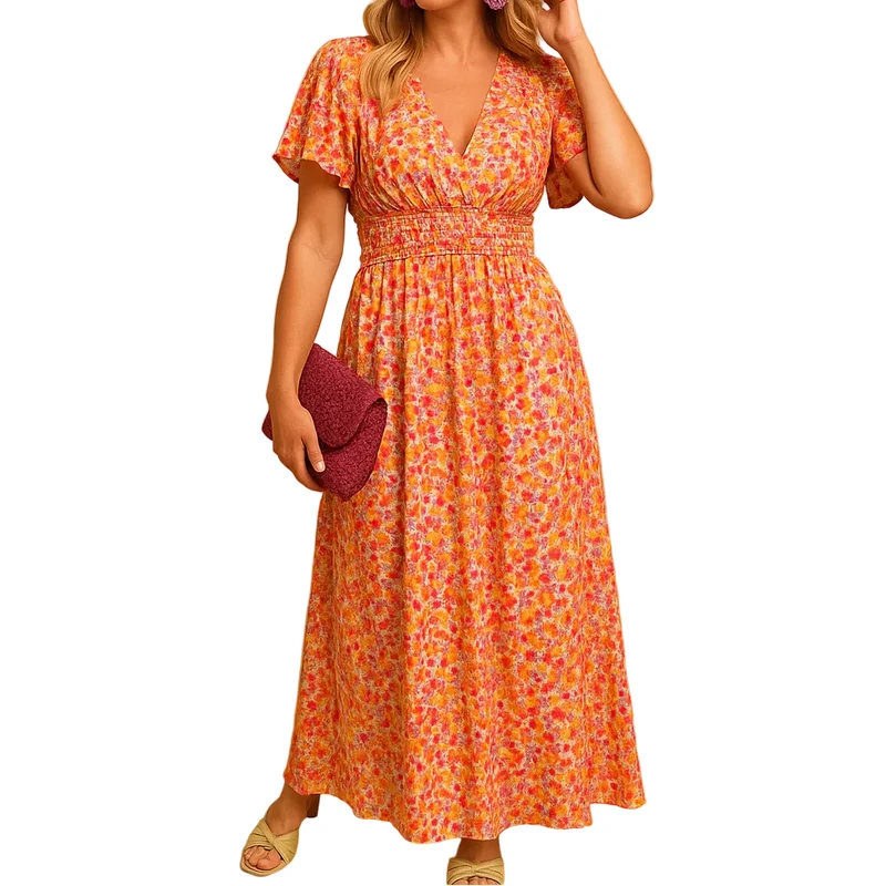 Damen Kleid mit kurzen Ärmeln, V-Ausschnitt und Blumenmuster mit Smokdetail