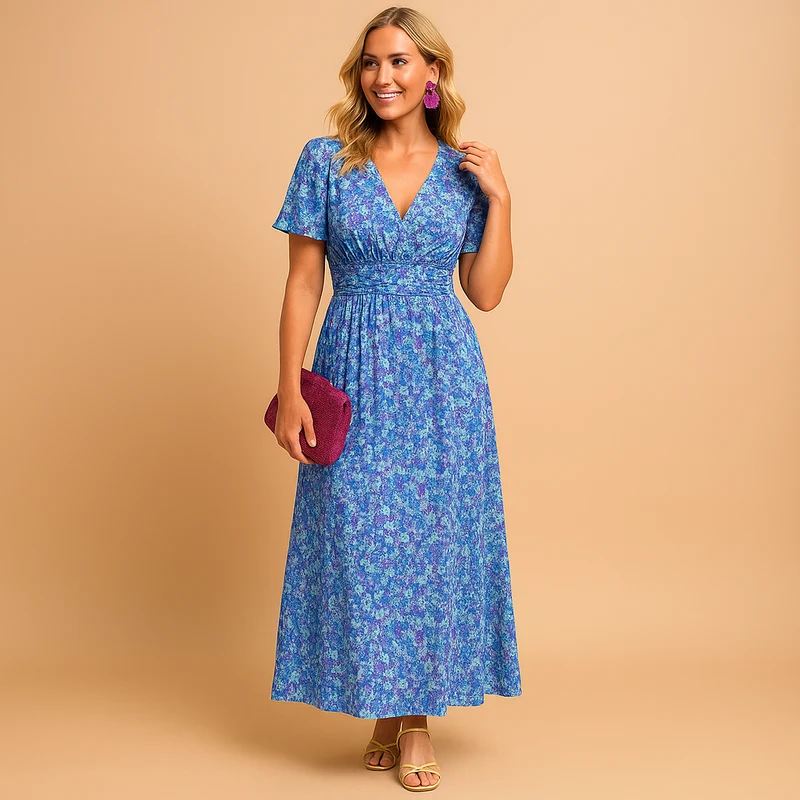 Damen Kleid mit kurzen Ärmeln, V-Ausschnitt und Blumenmuster mit Smokdetail