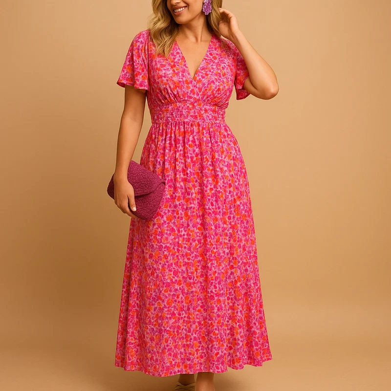 Damen Kleid mit kurzen Ärmeln, V-Ausschnitt und Blumenmuster mit Smokdetail