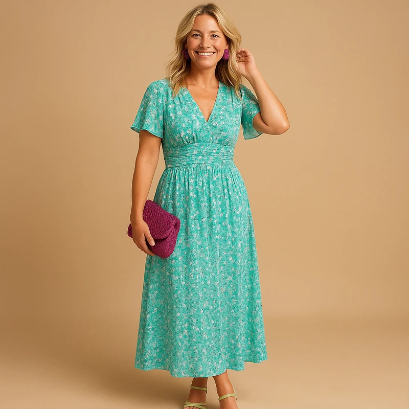 Damen Kleid mit kurzen Ärmeln, V-Ausschnitt und Blumenmuster mit Smokdetail