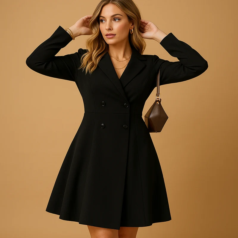 Damen Langarm Kleid mit Doppelreihe und Reverskragen