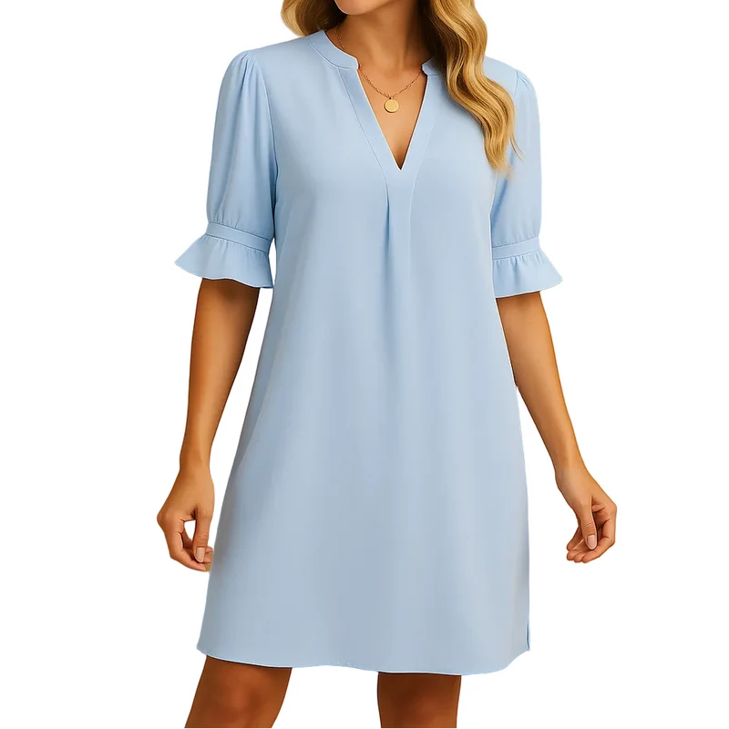 Damen Kurzarm Kleid mit V-Ausschnitt und Rüschenärmeln