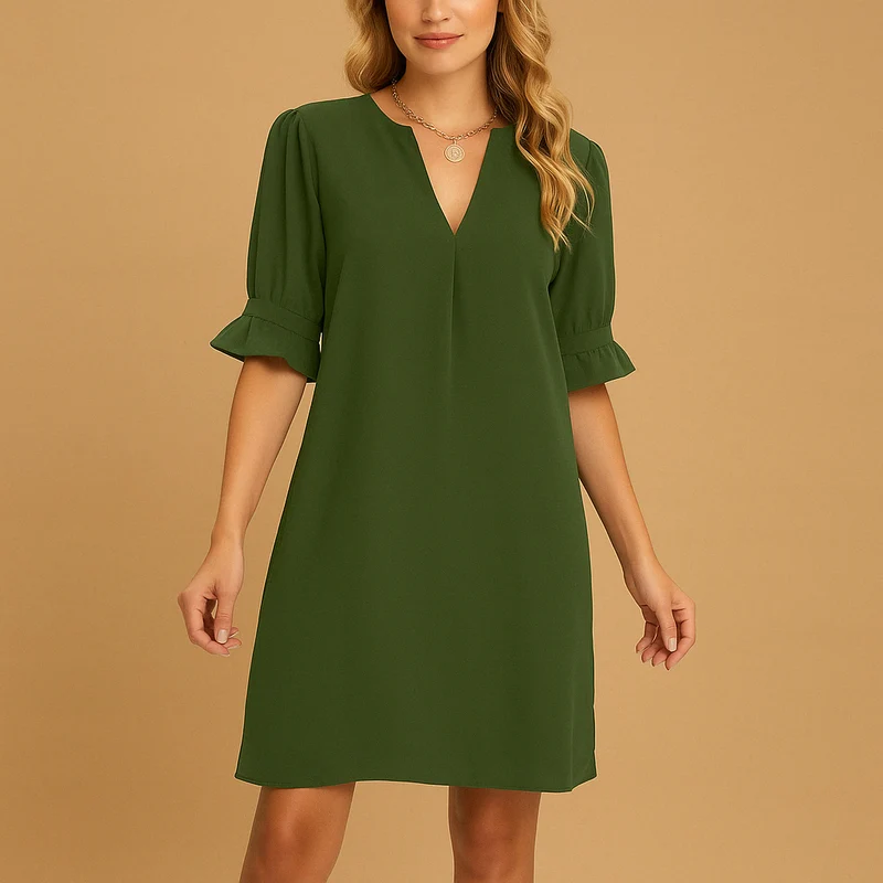 Damen Kurzarm Kleid mit V-Ausschnitt und Rüschenärmeln