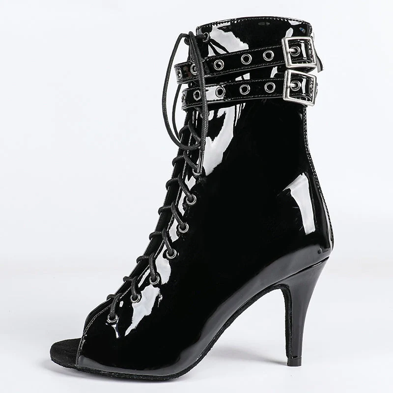 Damen Offene Ankle-Boots mit Schnürung, Riemen und Absatz