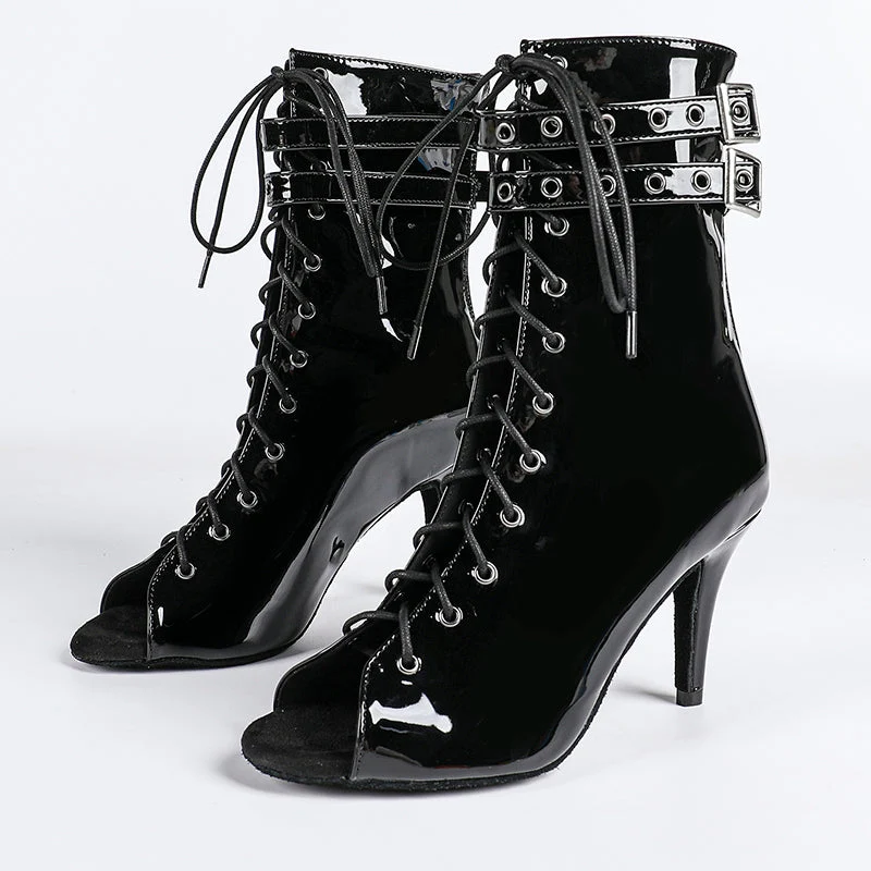 Damen Offene Ankle-Boots mit Schnürung, Riemen und Absatz