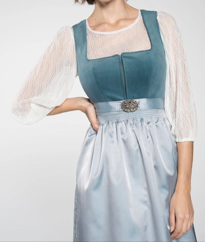 Damen Dirndl Set mit Stehkragenbluse, Taillenapplikation und Rockteil