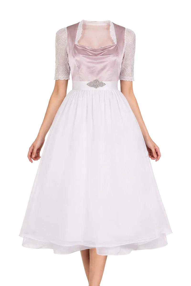 Damen Dirndl Set mit Stehkragenbluse, Taillenapplikation und Rockteil