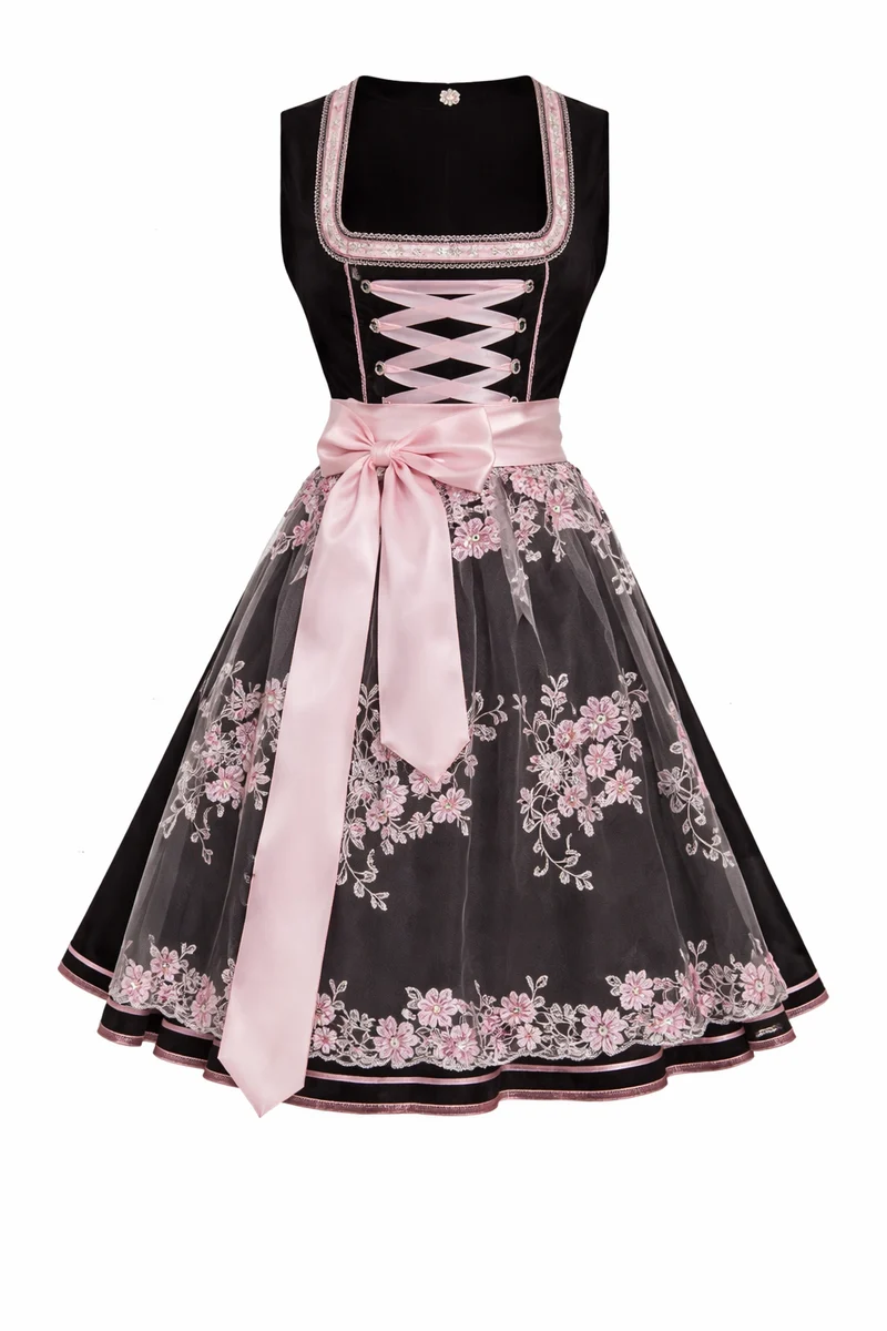 Damen Dirndl Kleid mit Stehkragen, Schnürfront und Spitzenüberlage