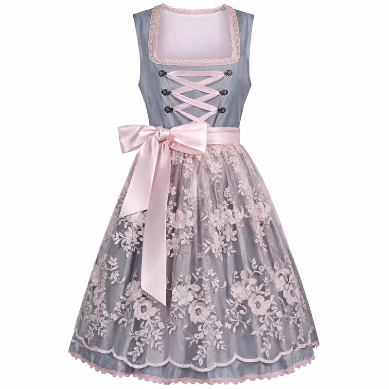 Damen Dirndl Kleid mit Stehkragen, Schnürfront und Spitzenüberlage