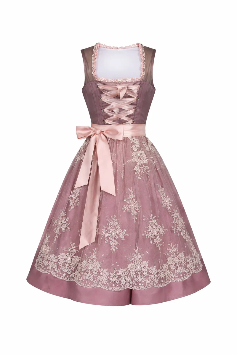 Damen Dirndl Kleid mit Stehkragen, Schnürfront und Spitzenüberlage
