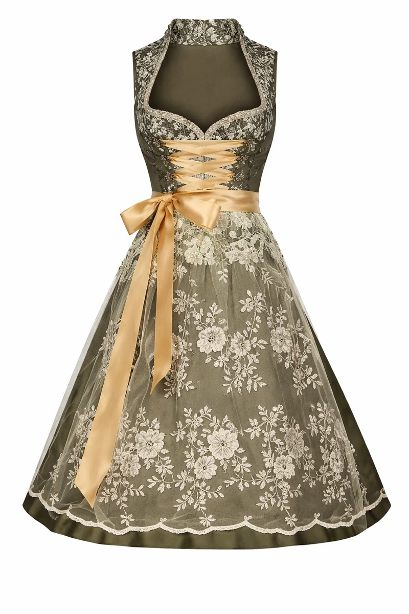 Damen Dirndl Kleid mit Stehkragen, Schnürfront und Spitzenüberlage