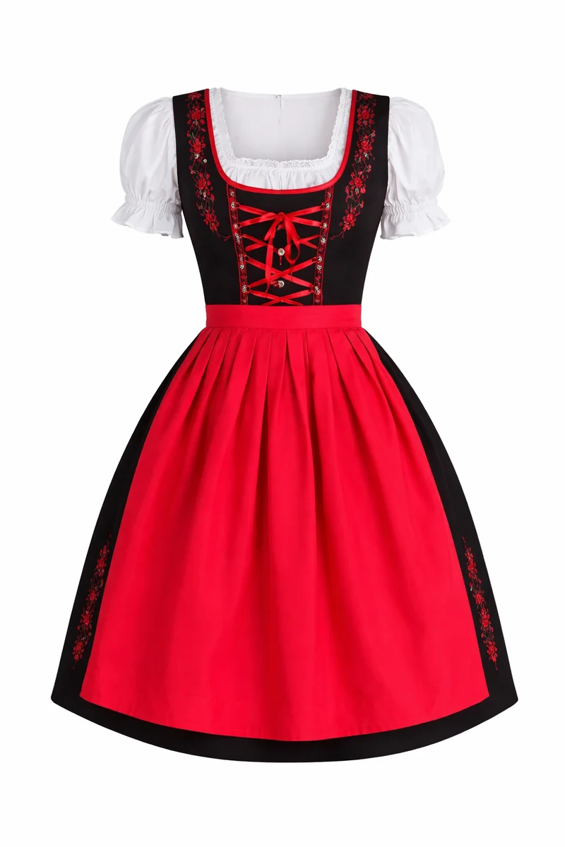 Damen Dirndl Kleid mit Kontrastschürze, Stickdetail und Rückenschleife
