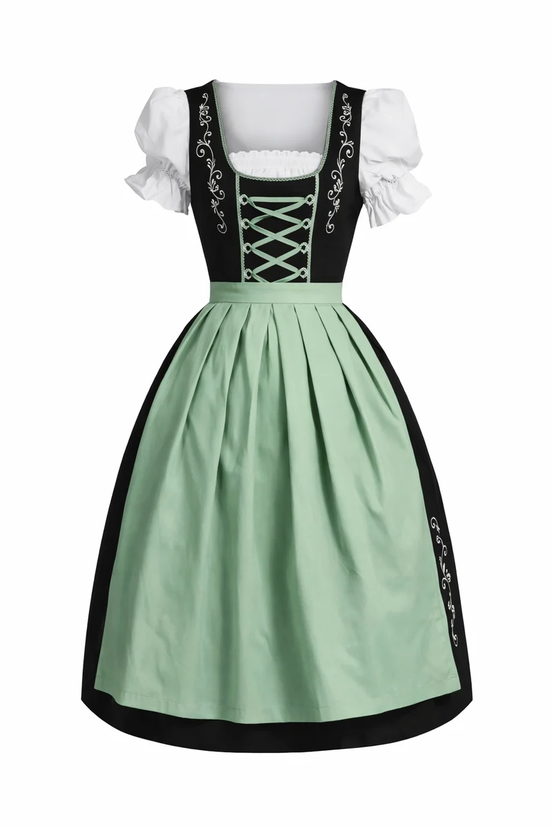 Damen Dirndl Kleid mit Kontrastschürze, Stickdetail und Rückenschleife