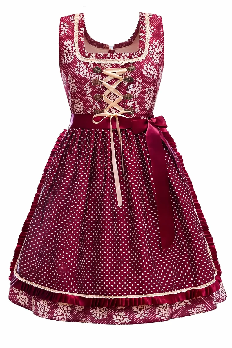 Damen Dirndl Kleid mit Punktmuster, Zierschnürung und Taillenschleife