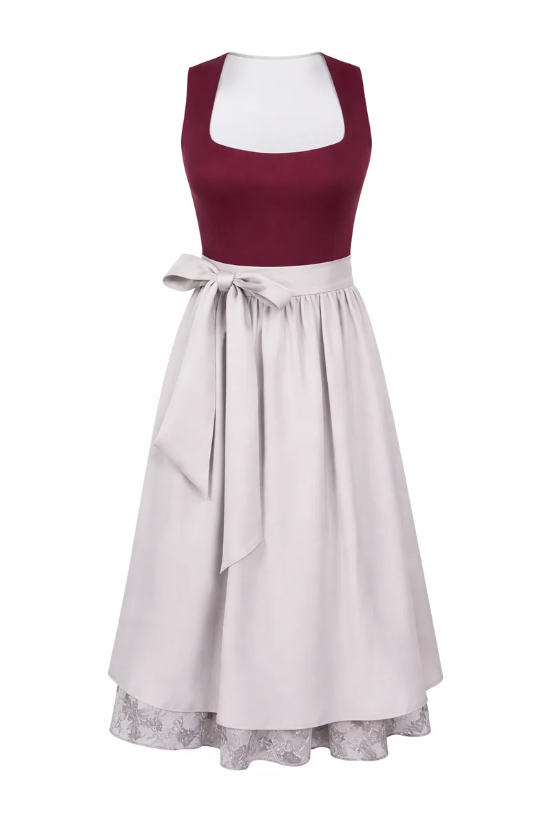 Damen Dirndl Kleid mit breitem Trägeransatz, Taillenband und Spitzenrock
