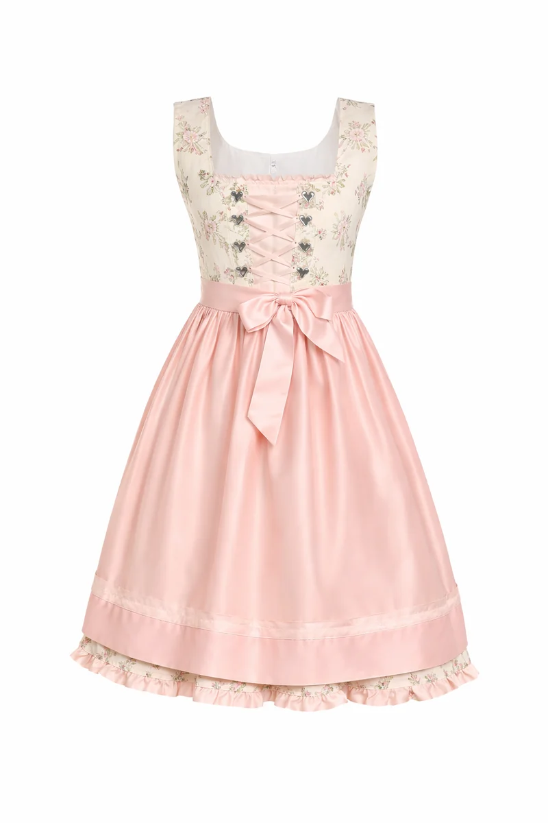 Damen Dirndl Kleid mit Herzösen, Frontschnürung und Bindegürtel
