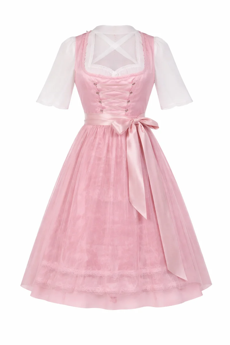 Damen Dirndl Kleid mit Zierkette, Schnürfront und bestickter Schürze