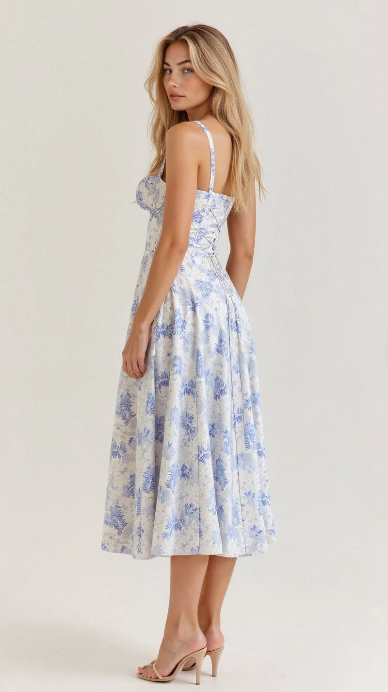Emilia | Damen Midi Kleid mit Korsett-Optik und Blumenmuster