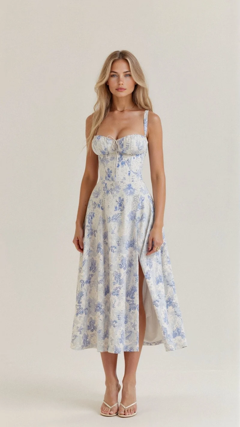 Emilia | Damen Midi Kleid mit Korsett-Optik und Blumenmuster