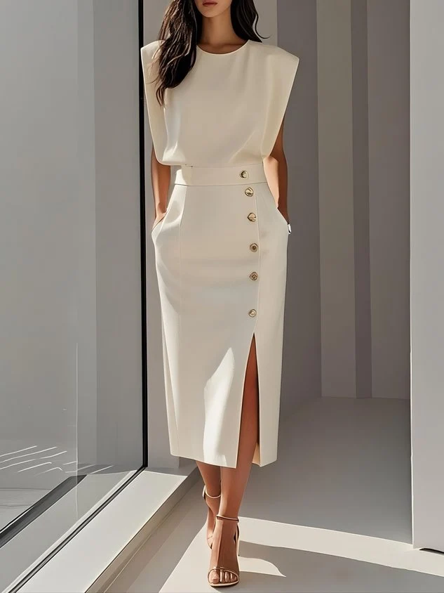 Elisabeth | Ärmelloses Midi Kleid mit Knopfleiste