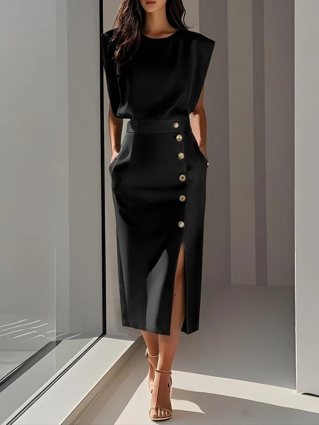 Elisabeth | Ärmelloses Midi Kleid mit Knopfleiste