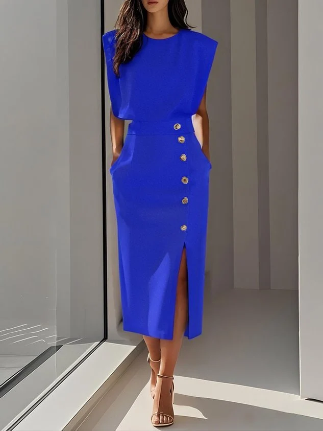 Elisabeth | Ärmelloses Midi Kleid mit Knopfleiste