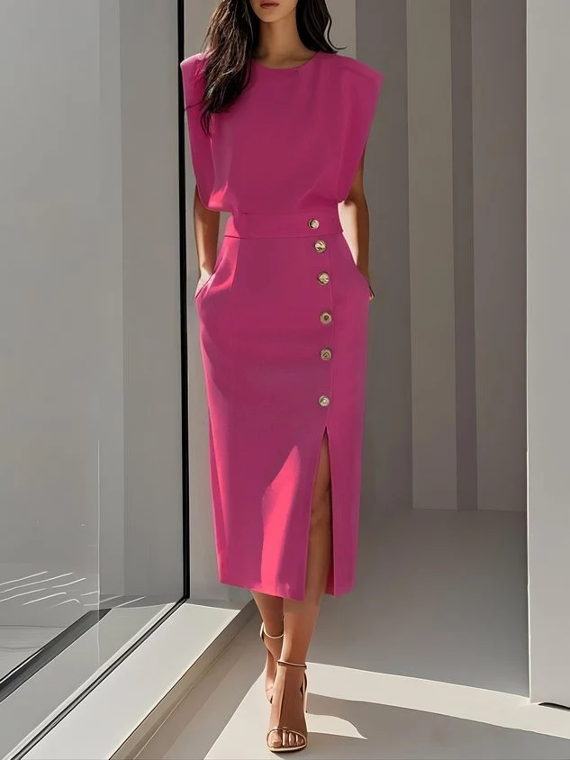Elisabeth | Ärmelloses Midi Kleid mit Knopfleiste