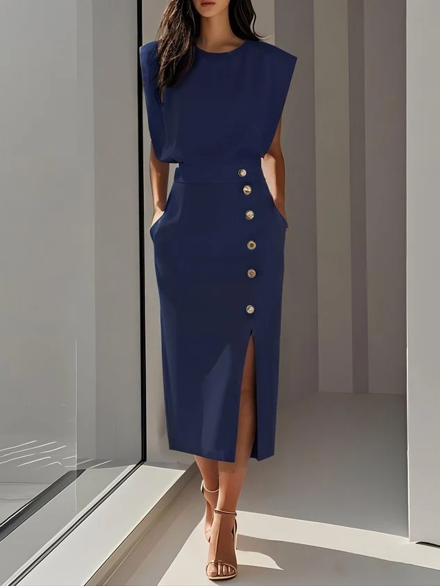 Elisabeth | Ärmelloses Midi Kleid mit Knopfleiste