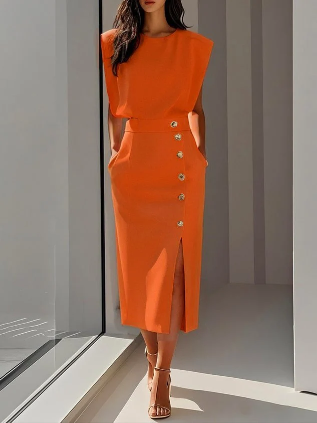 Elisabeth | Ärmelloses Midi Kleid mit Knopfleiste