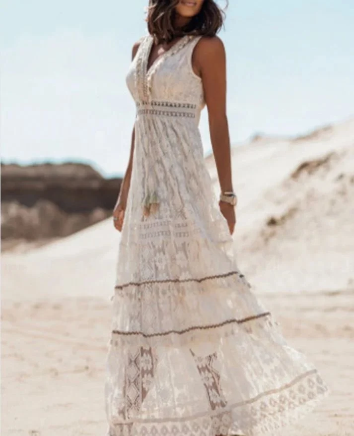 Elisabeth | Boho Maxi Kleid V-Ausschnitt Vintage Quasten Bindegürtel