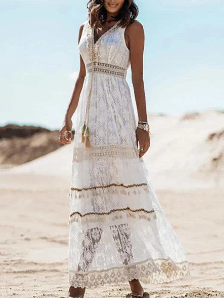 Elisabeth | Boho Maxi Kleid V-Ausschnitt Vintage Quasten Bindegürtel