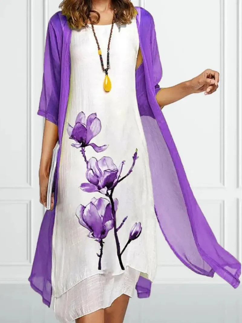 Nora | Damen Linen Midi Kleid mit Chiffon Cardigan Set