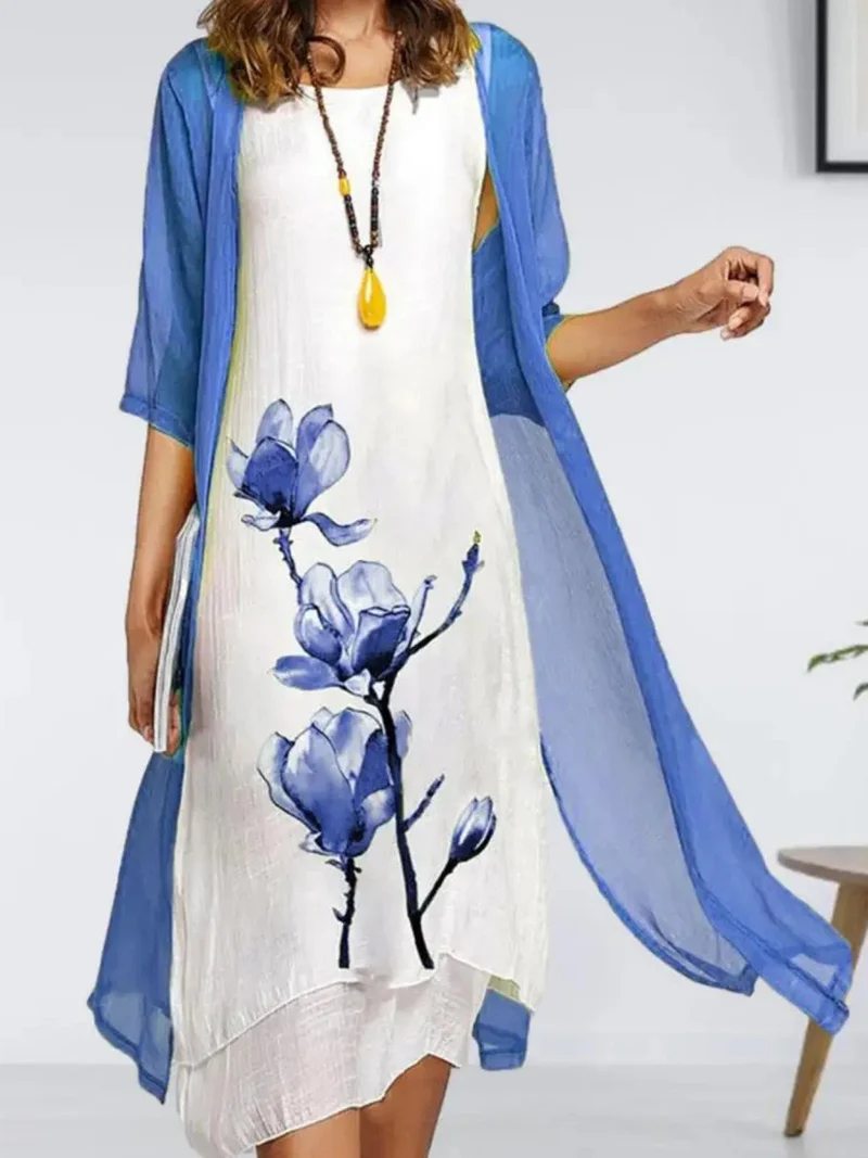 Nora | Damen Linen Midi Kleid mit Chiffon Cardigan Set