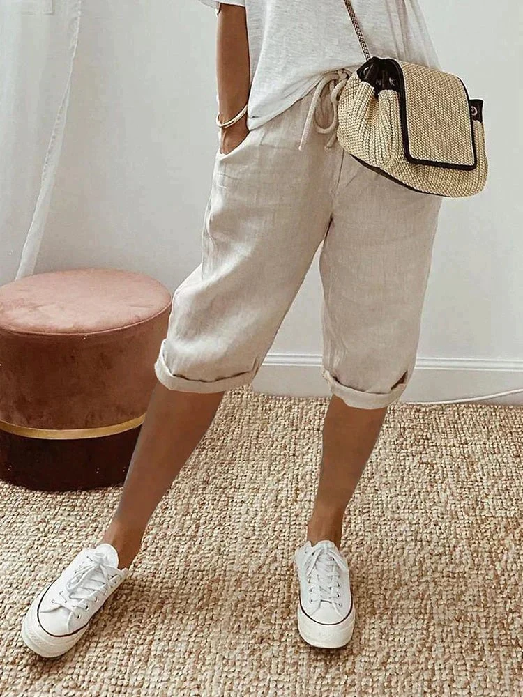 Marlene | Damen Leinen Bermuda Shorts mit Kordelzug gekürzt